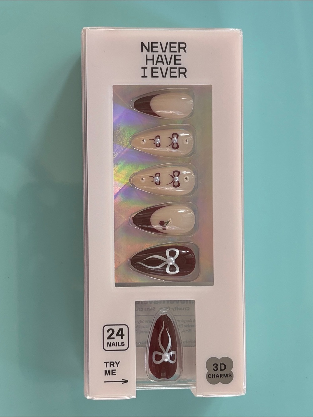 Never Have I Ever Cherry Cola Maroon Press-On Nails with 3D Bow Charms